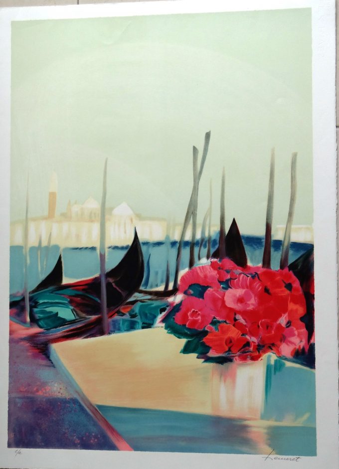 Claude Hemeret, original signed lithograph, gondolas in Venice, boat on Grand Canal, romantic flowers, St Mark's Square, Venetian Lagoon, newlywed gift,