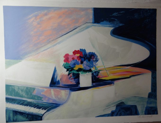 Claude Hemeret, lithographie signée, piano blanc, musique et mélodies, concerto et pianiste, improvisation jazz, idée cadeau musicien,