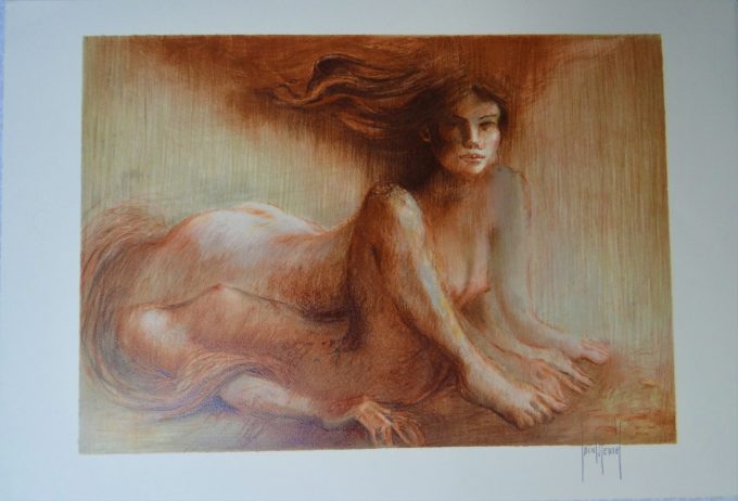 Francis de Saint Genies, lithograph, merged women portrait,  centaur or sphinx, Mythology and art, soft harmonies, waking dreams,