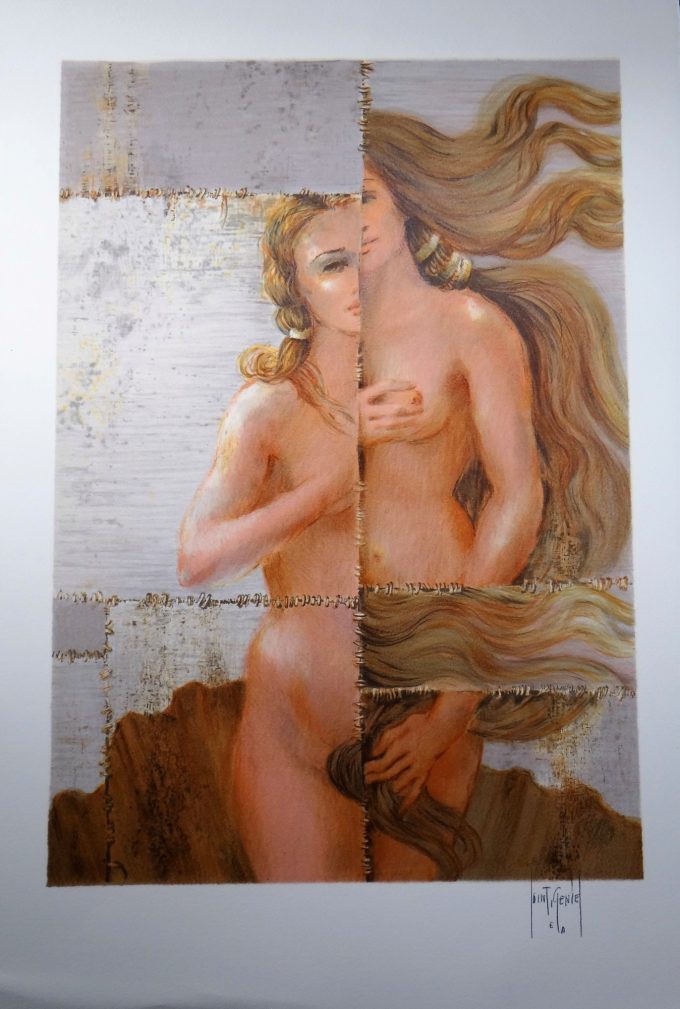 Francis de Saint-Genies, original lithograph, Venus by Botticelli,  unclad body, Nude model portrait, stripped woman, naked, bare woman, goddess,