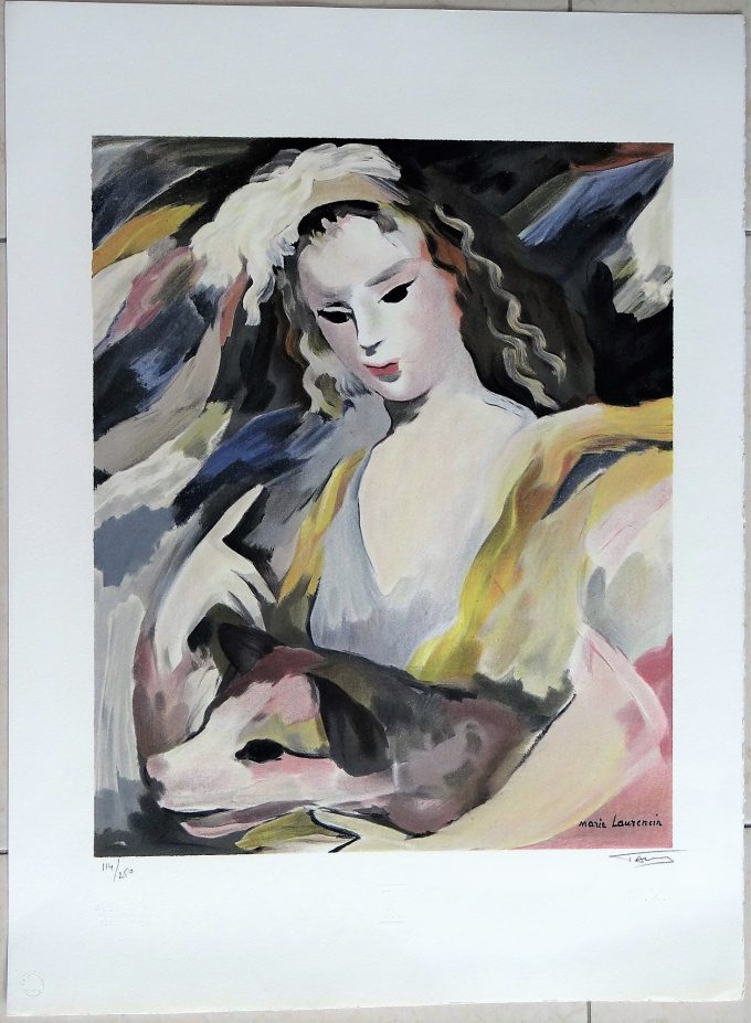 Marie Laurencin,  interpretation lithograph, dog art, girl and dog, girl portrait, Animal, vintage, girls decor,