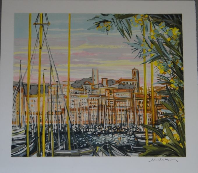 Michel-Henry, original lithograph, Cannes, Suquet old town, Côte d'Azur marina, old rigging  yachts and mimosas, French Riviera, Mediterranean