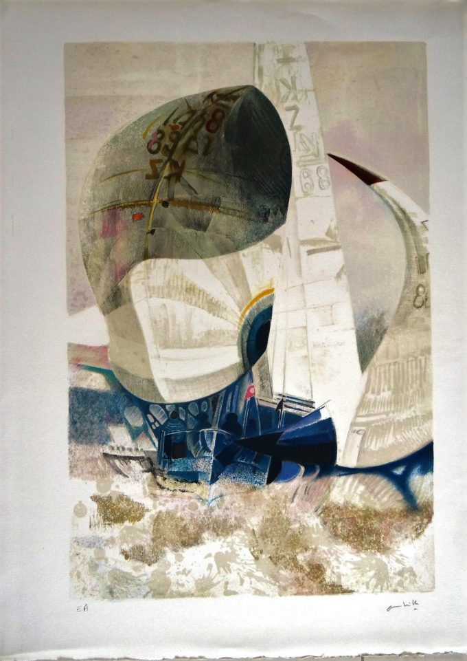 Paul Ambille, original signed lithograph, nautical race, Sailboat on ocean, winds and waves, yachting, regatta, seascape print,