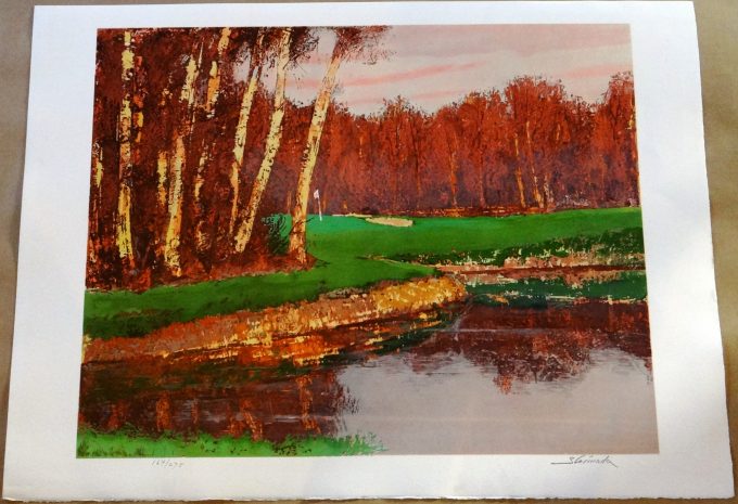 Saburo Shimada, lithographie originale signée et numérotée, Golf et Étang, sport en pleine nature,