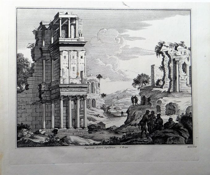 Etching, French School, french print antique, Mausoleum of Septimius Severus Rome, Antiquity, ancient colonnades, Roman ruins, immemorial