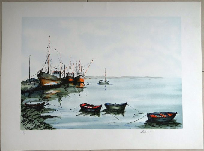 Jean-Pierre Laurent, original signed lithograph, lobster boats, trawlers in harbor, sailors, moored ships,