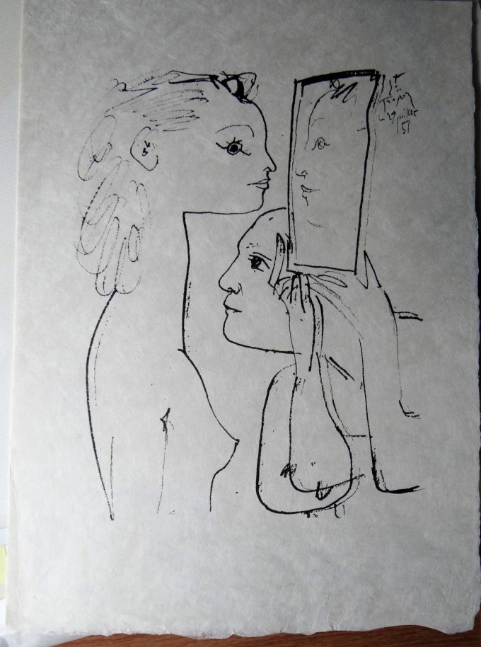 Pablo Picasso, pen drawing, the woman facing her mirror, woman sketch, look of the other, reflection in mirror,
