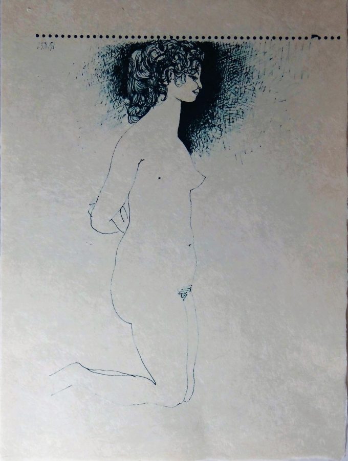 Pablo Picasso, pen drawing, nude woman portrait, kneeling woman sketch, nude artistic, nude model, Spanish artist,