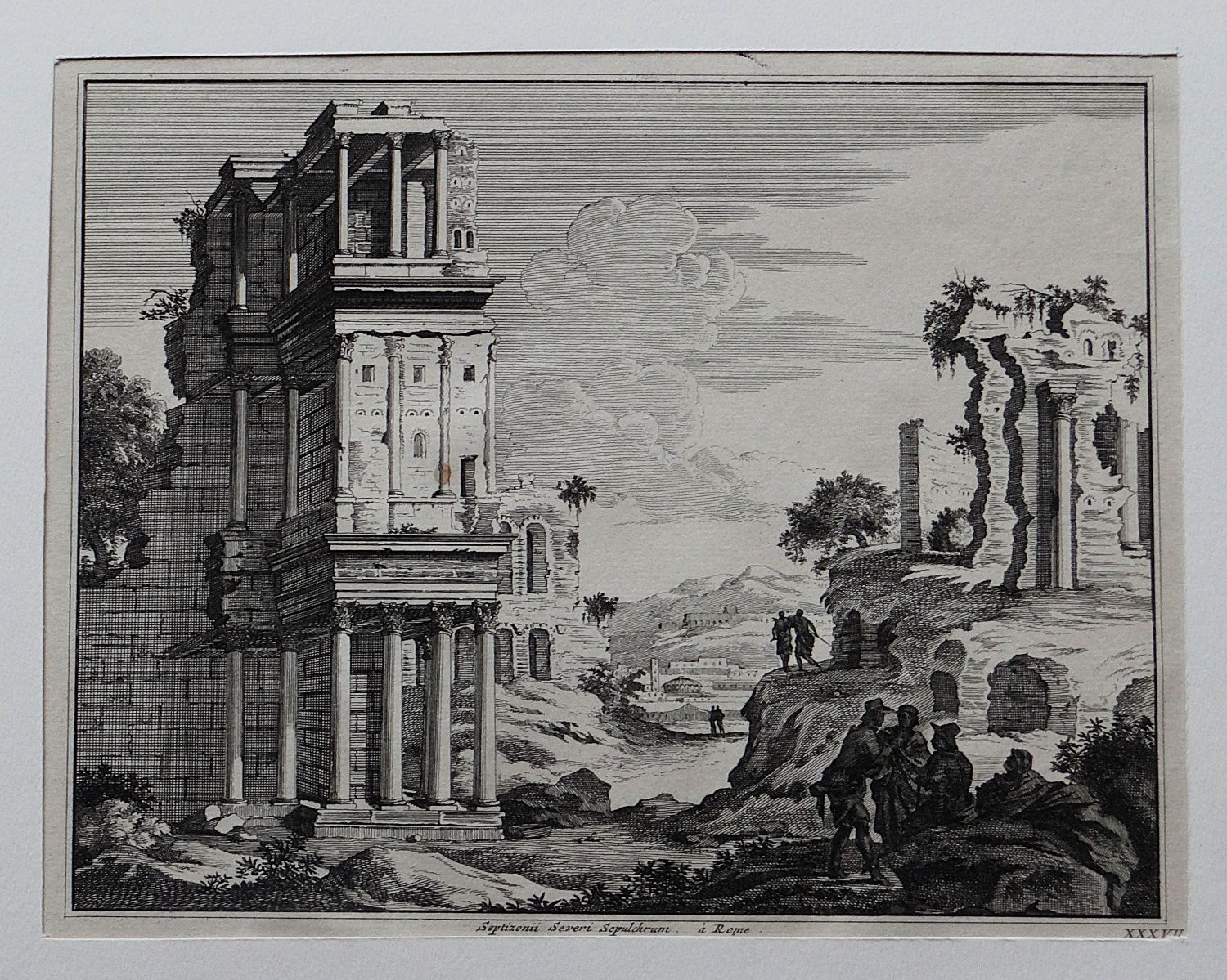 Antique Etching of Septizodium of Septimius Severus (Septizonii Severi Sepulchrum), Piranesi School, Plate XXXVII - 18th Century Roman Ruins Engraving