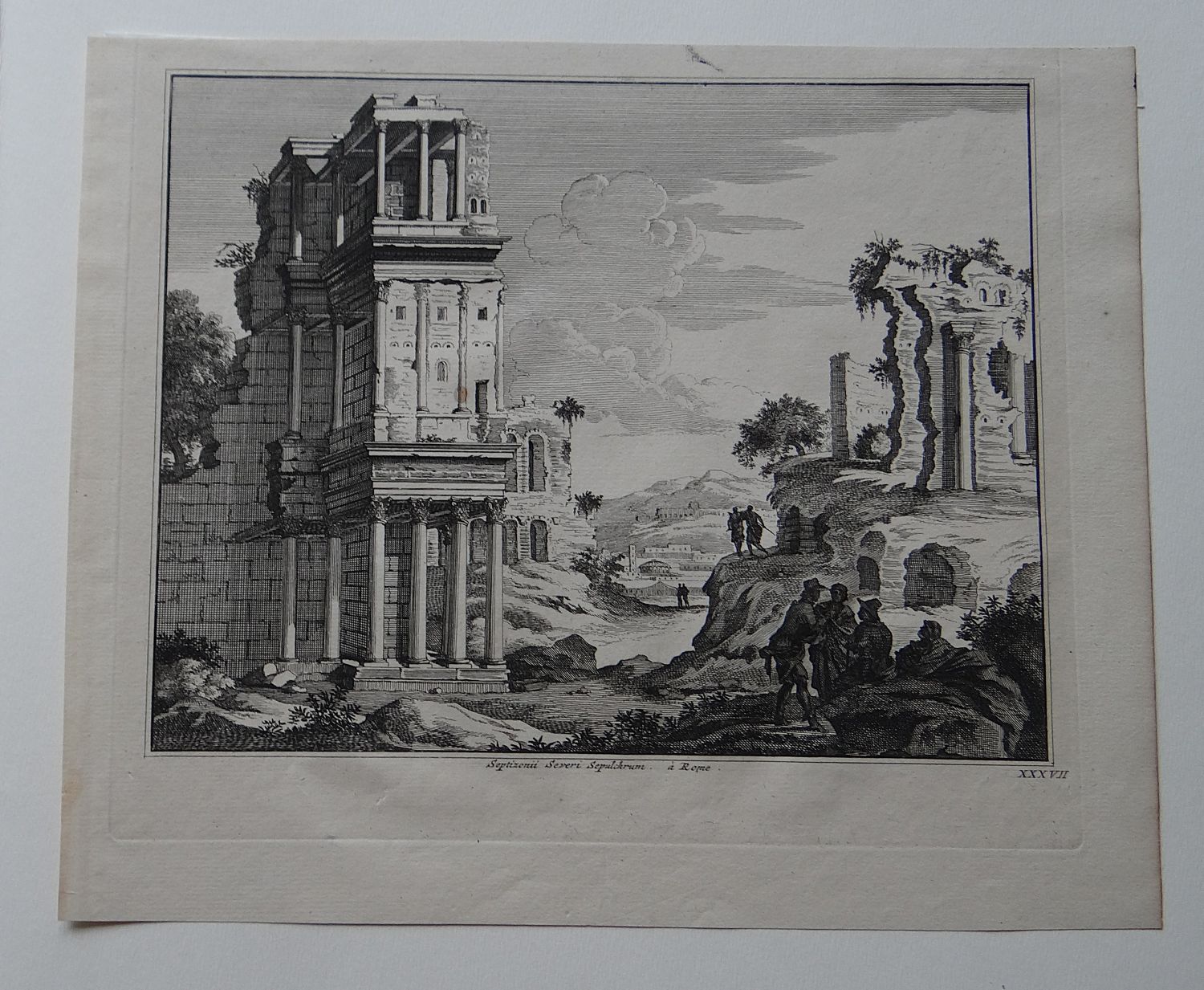 Antique Etching of Septizodium of Septimius Severus (Septizonii Severi Sepulchrum), Piranesi School, Plate XXXVII - 18th Century Roman Ruins Engraving - Image 3