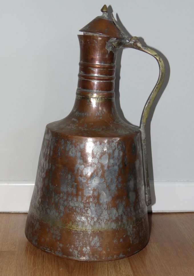 Brass and copper ewer, Vintage object, rural France, local Cantal handicraft, heritage objects of yesteryear, unique handmade creation