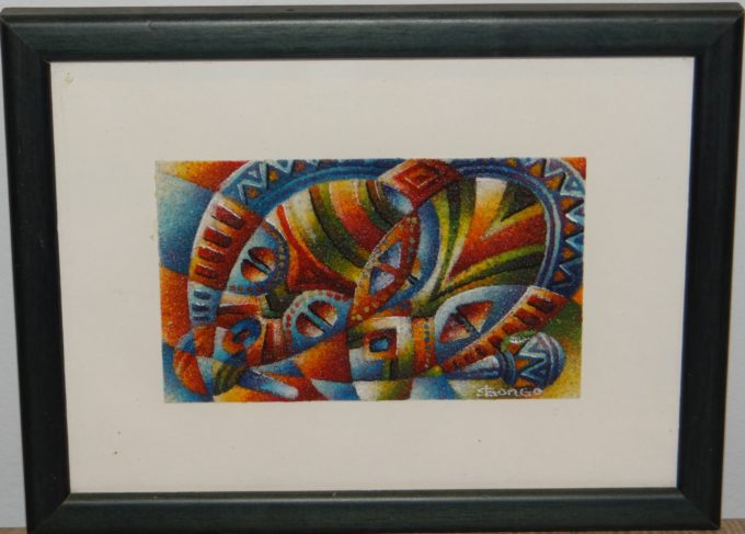 Colorful sand painting, framed abstract art, effects painting, drawing with coloured sands, pigmented powders, natural pigments,
