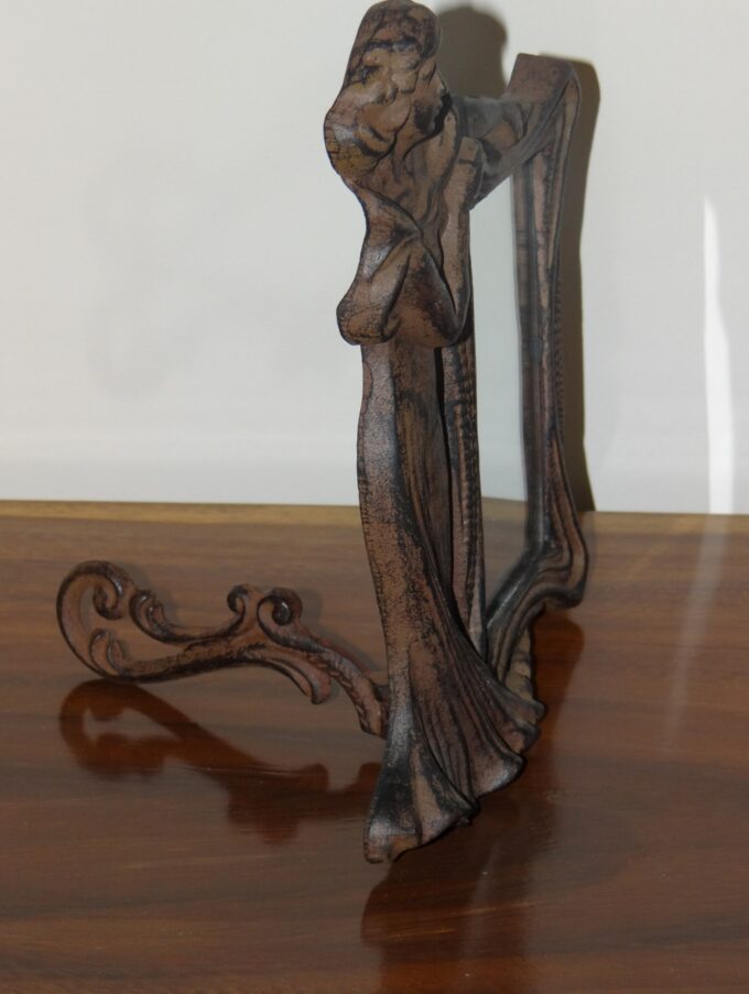 Cast iron frame and statue, Art Nouveau, vintage mirror, idealized woman, slender figure, art world, female representation, - Image 5