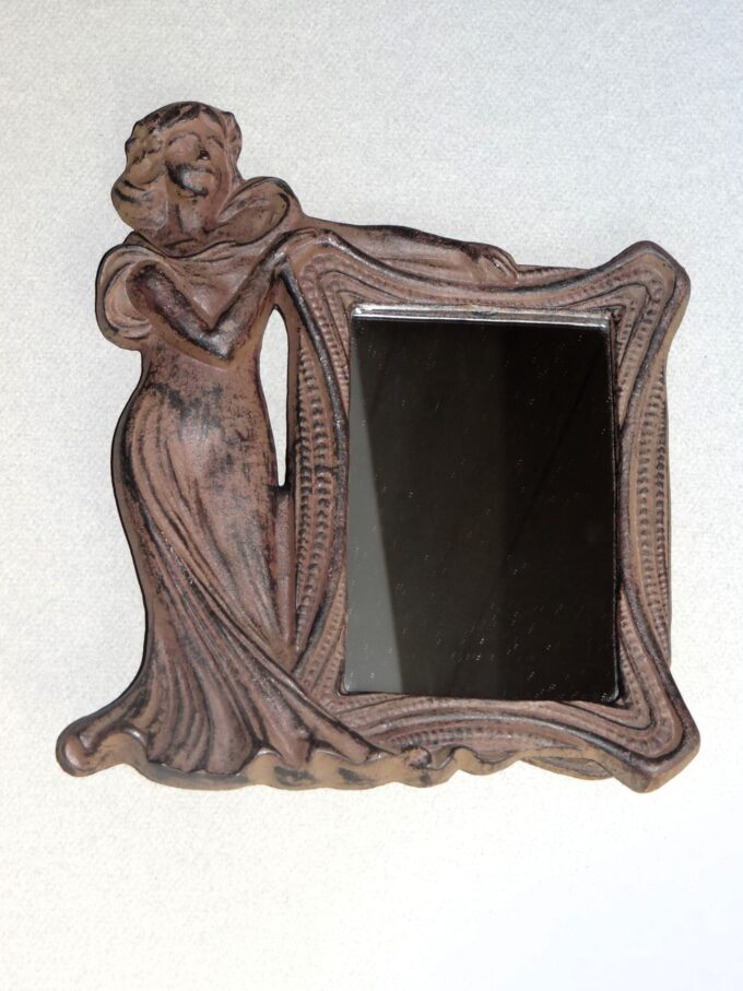 Cast iron frame and statue, Art Nouveau, vintage mirror, idealized woman, slender figure, art world, female representation,