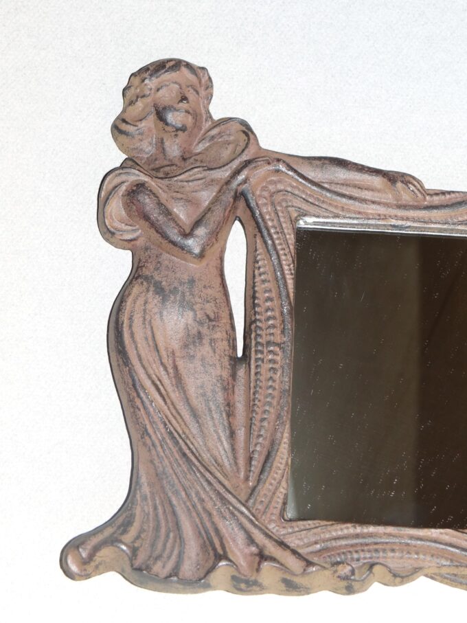 Cast iron frame and statue, Art Nouveau, vintage mirror, idealized woman, slender figure, art world, female representation, - Image 2
