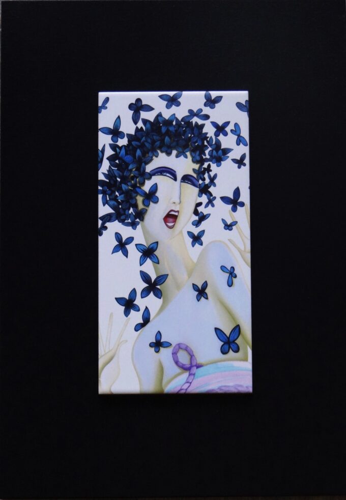 Carreau de céramique encadré, portrait d'une femme élégante aux cheveux papillons, symbole de transformation, nouveau départ, objet décoratif,