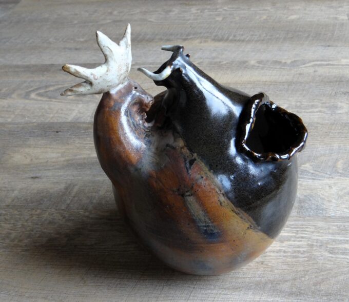 Vase sculpture by Alexandre Kostanda, the bull and the deer, Vallauris pottery