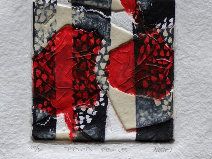 Bernard Alligand, original signed and numbered aquagravure, small leaves, abstract art, red and black, - Image 3