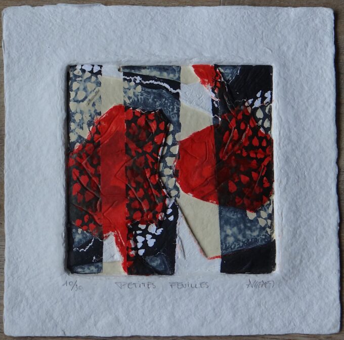 Bernard Alligand, original signed and numbered aquagravure, small leaves, abstract art, red and black,