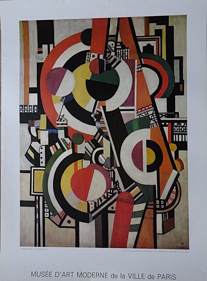 Fernand Léger, affiche originale d'exposition, 1984, les disques dans la ville, peinture cubiste, décor géométrique, cercles concentriques,
