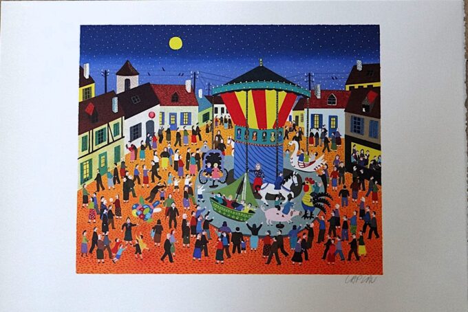 Gérard Laplau, original signed lithograph, The merry-go-round, the Carousel, the Funfair, Naive art, Fairy tales, naive drawings Villeroy and Boch,