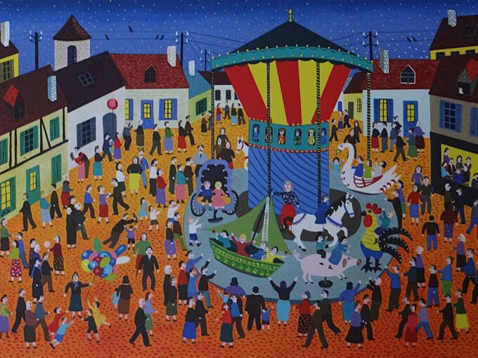 Gérard Laplau, original signed lithograph, The merry-go-round, the Carousel, the Funfair, Naive art, Fairy tales, naive drawings Villeroy and Boch, - Image 2