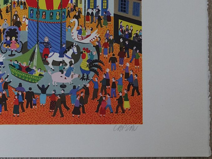 Gérard Laplau, original signed lithograph, The merry-go-round, the Carousel, the Funfair, Naive art, Fairy tales, naive drawings Villeroy and Boch, - Image 5