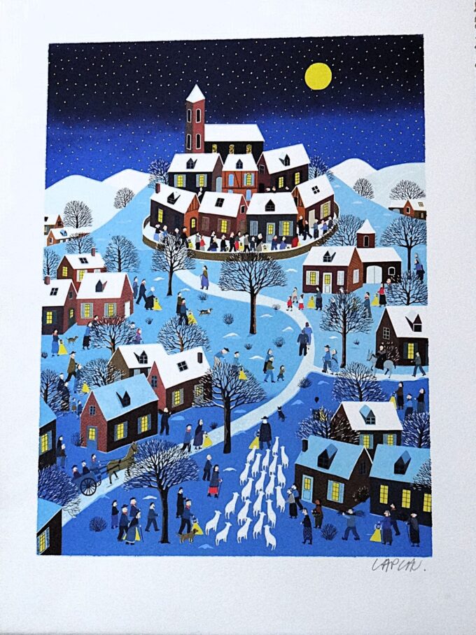 Gérard Laplau, lithographie originale signée, village sous la neige, art naïf, toiles colorées empreintes de poésie,