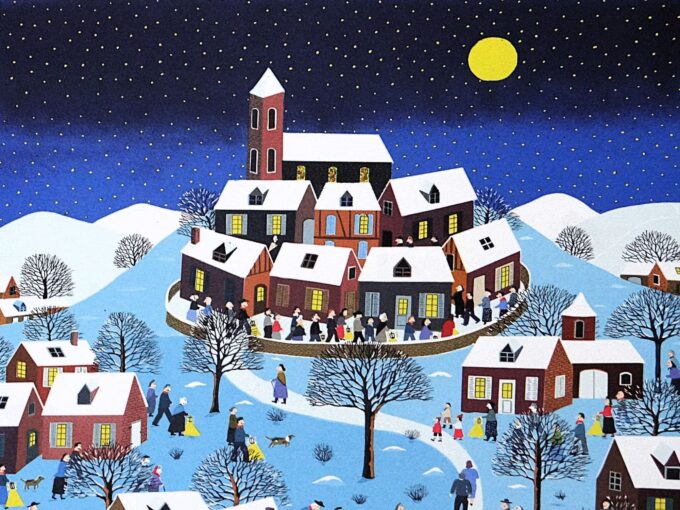 Gérard Laplau, lithographie originale signée, village sous la neige, art naïf, toiles colorées empreintes de poésie, – Image 2