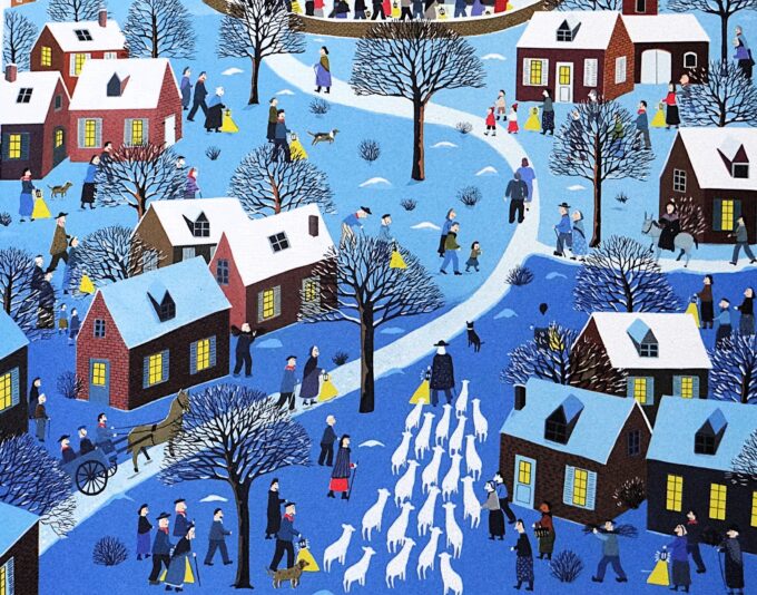 Gérard Laplau, lithographie originale signée, village sous la neige, art naïf, toiles colorées empreintes de poésie, – Image 3