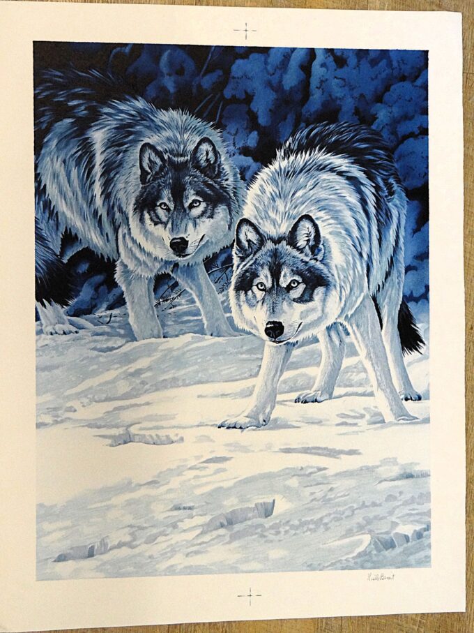 Gisèle Benoit, original signed lithograph, blue wolves, blue monochrome, wild animals, wildlife and instincts, totem animal,