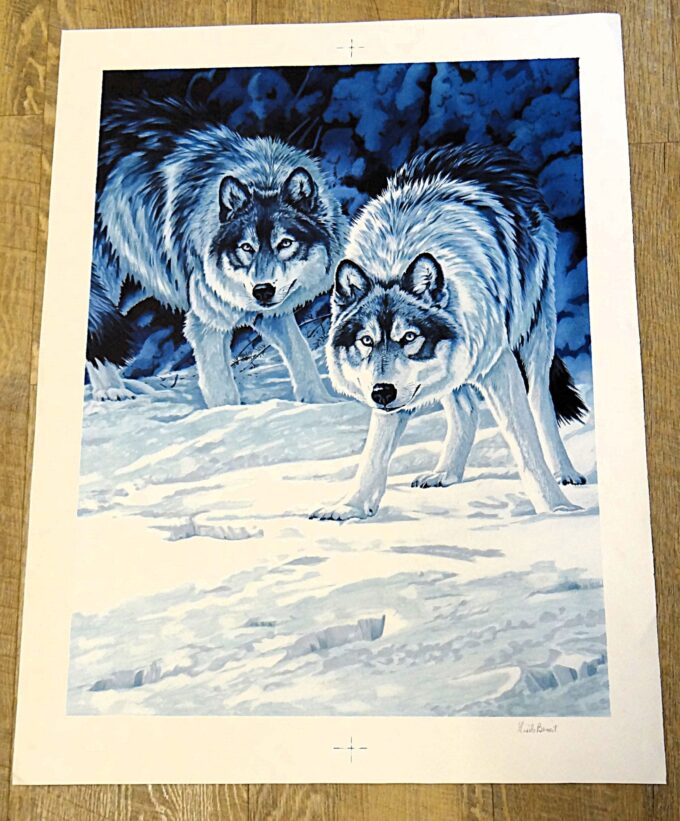 Gisèle Benoit, original signed lithograph, blue wolves, blue monochrome, wild animals, wildlife and instincts, totem animal, - Image 7