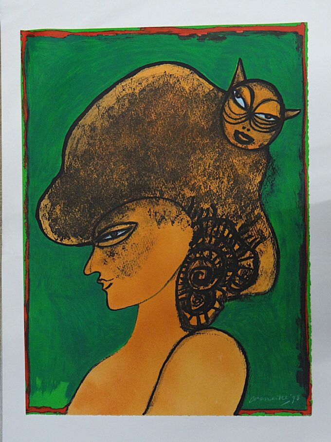 Guillaume Corneille, the woman with the cat, original signed lithograph, Dutch painter, portrait, extravagant woman, love of cats,