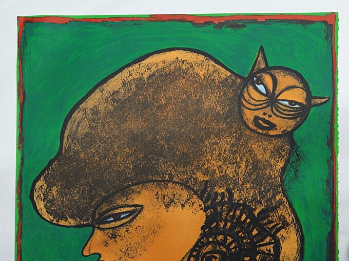Guillaume Corneille, the woman with the cat, original signed lithograph, Dutch painter, portrait, extravagant woman, love of cats, - Image 2