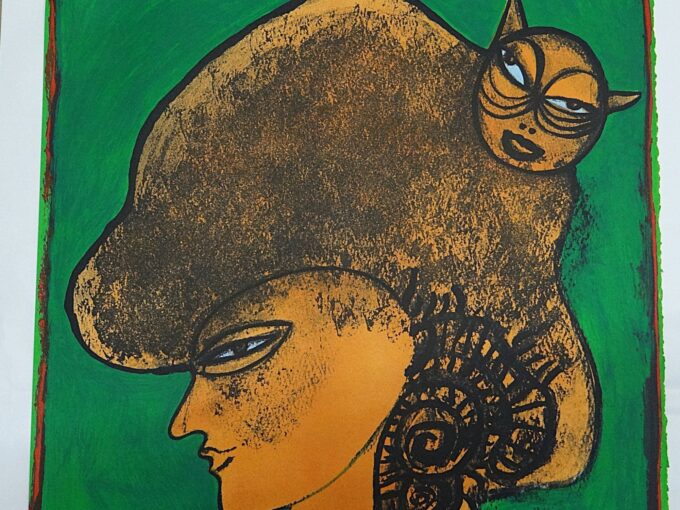 Guillaume Corneille, the woman with the cat, original signed lithograph, Dutch painter, portrait, extravagant woman, love of cats, - Image 5