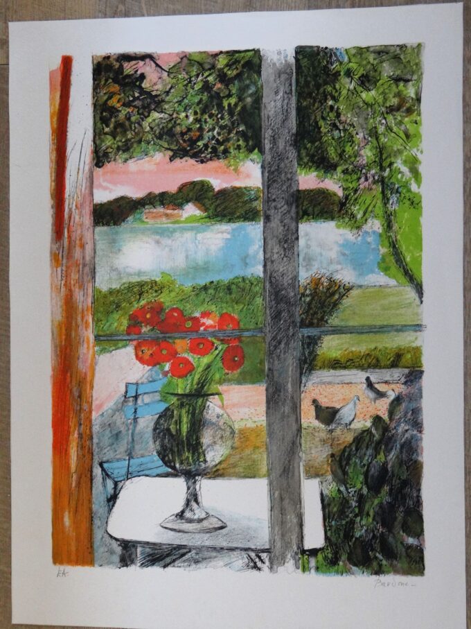 Guy Bardone, lithographie originale signée, maison vue mer, le bouquet sur la terrasse, oiseaux dans le parc, atmosphère paisible,