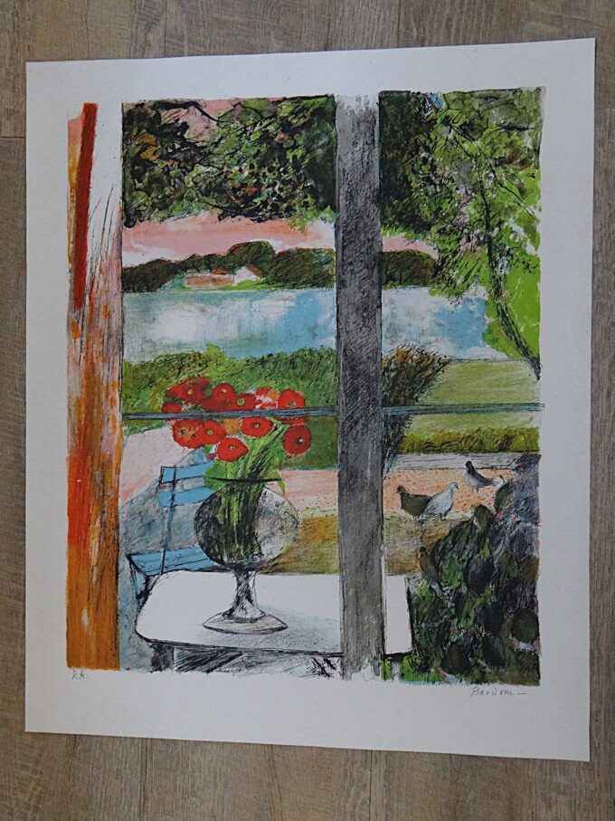 Guy Bardone, lithographie originale signée, maison vue mer, le bouquet sur la terrasse, oiseaux dans le parc, atmosphère paisible, – Image 5