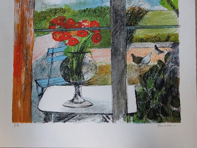 Guy Bardone, lithographie originale signée, maison vue mer, le bouquet sur la terrasse, oiseaux dans le parc, atmosphère paisible, – Image 7