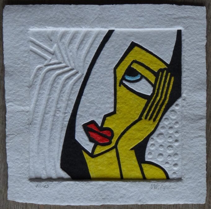 Jérôme Maligne, gravure originale signée et numérotée, portrait de femme, aquagravure, style pop art,