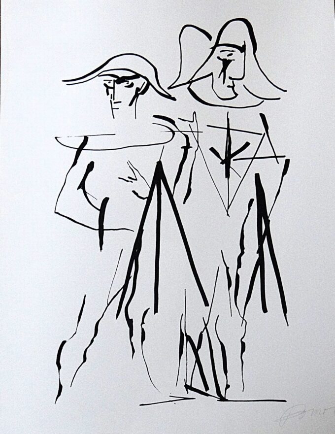 Julio Pomar, original signed lithograph, the 2 harlequins, circus world, clowns, Portuguese painter, children's room decoration,