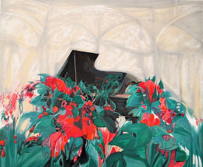 Claude Hemeret, black piano in the cathedral, sacred music, original signed lithograph, concert and acoustics, resonances in the church,