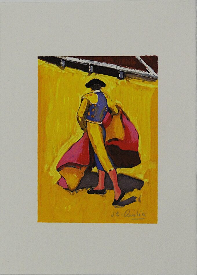 Jean-Claude Quilici, the bullfighter and his muleta, original signed lithograph, bullfighting show, bullfight in the arenas,
