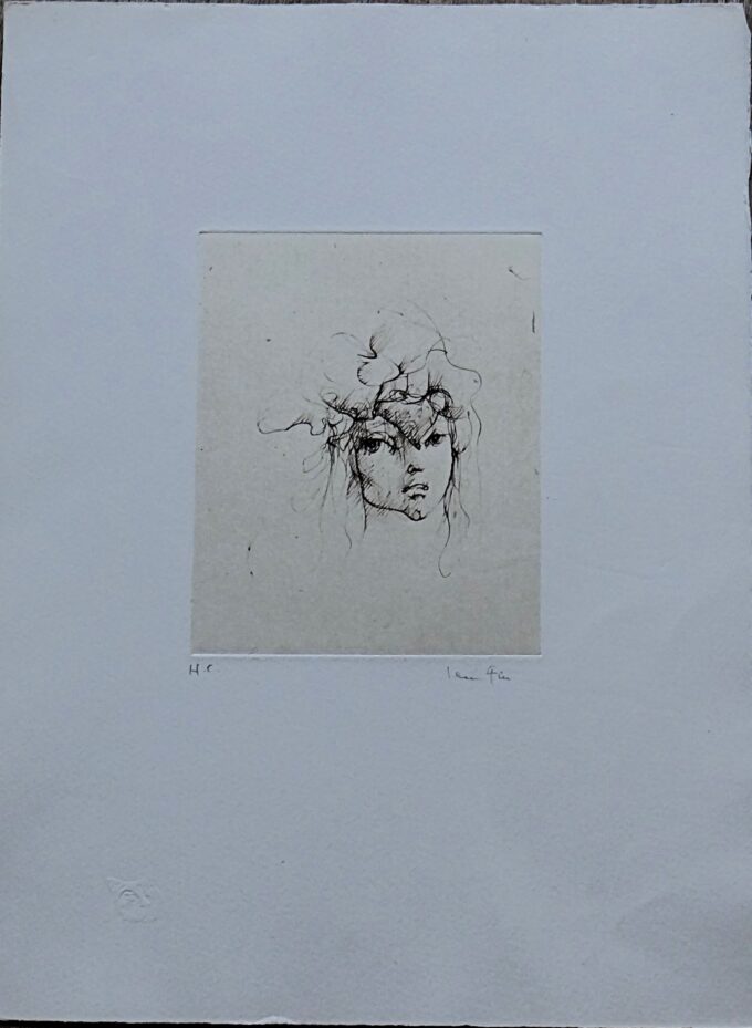 Leonor Fini, original signed etching, sketch of face, young woman in evolution, young girl, portrait of Caroline,