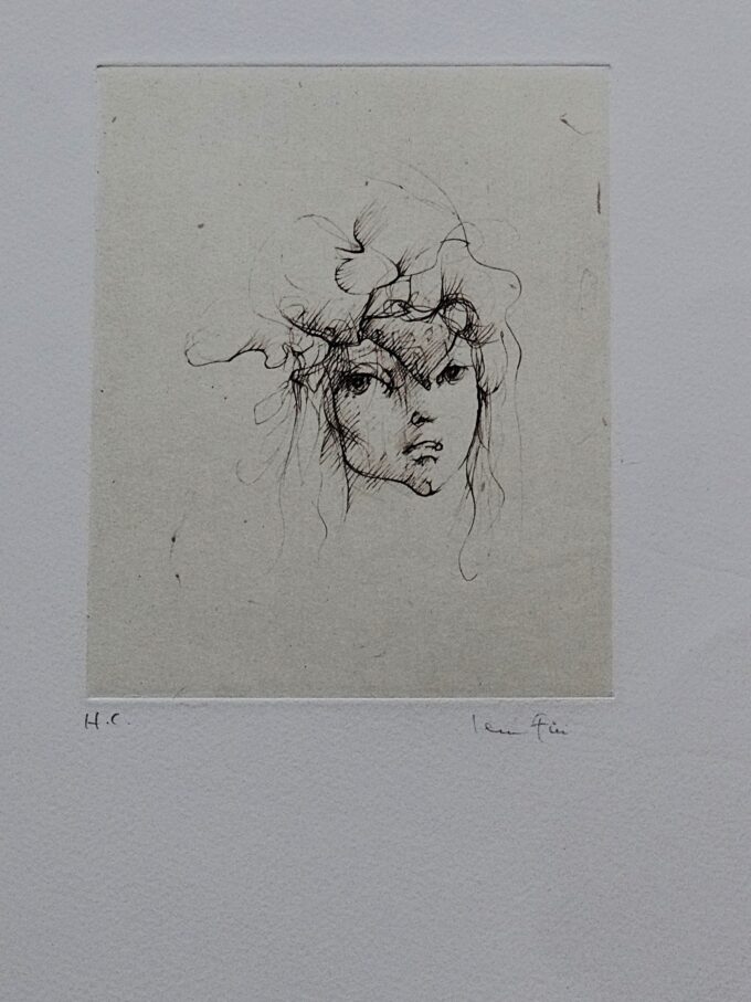 Leonor Fini, original signed etching, sketch of face, young woman in evolution, young girl, portrait of Caroline, - Image 2