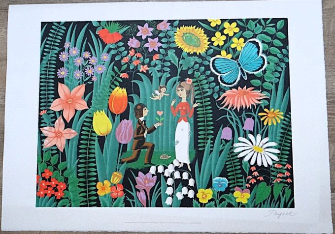 Peynet, lithographie signée, amoureux de Peynet, Cupidon, demande en mariage, humour et tendresse, charme intemporel, peinture naive,