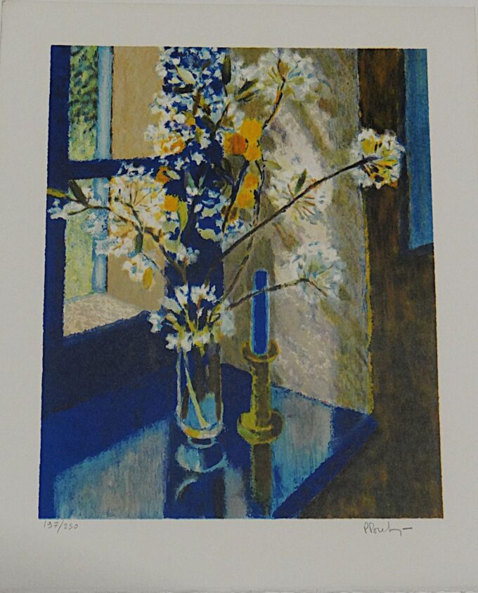 Pierre Poulain, lithographie originale signée et numérotée, la maison bleue, harmonie en bleu, bouquet champêtre, fleurs des champs,