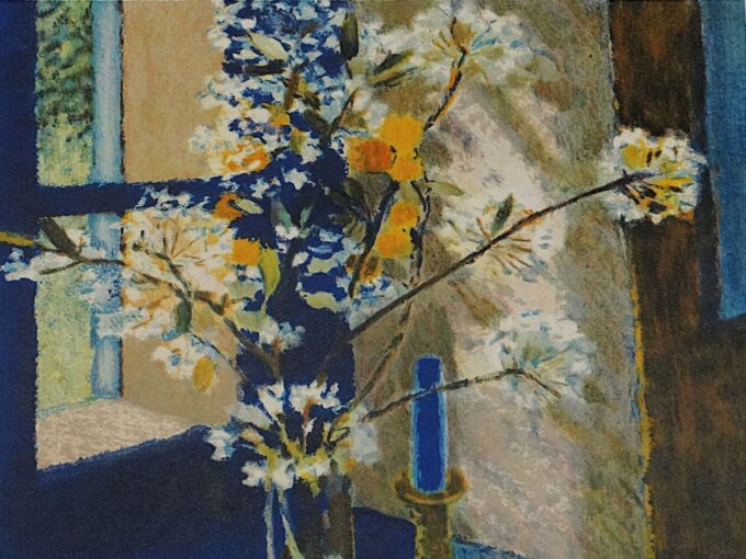 Pierre Poulain, lithographie originale signée et numérotée, la maison bleue, harmonie en bleu, bouquet champêtre, fleurs des champs, – Image 3
