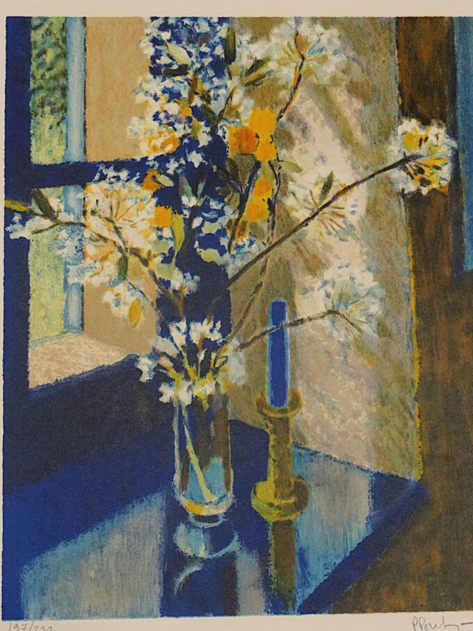 Pierre Poulain, lithographie originale signée et numérotée, la maison bleue, harmonie en bleu, bouquet champêtre, fleurs des champs, – Image 4