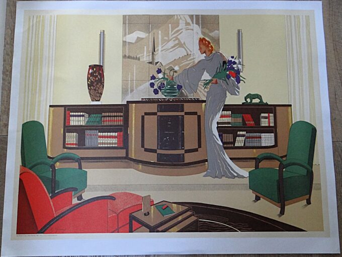 Affiche de collection, Charley Garry, 1987, ambiance Art Deco, femme élégante, appartement stylé, Editions Clouet, Atelier Desjobert Paris,